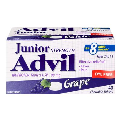 Advil Dye-free grape flavoured children analgesic ibuprofen, Junior Advil Dye-free grape flavoured children analgesic ibuprofen, Junior