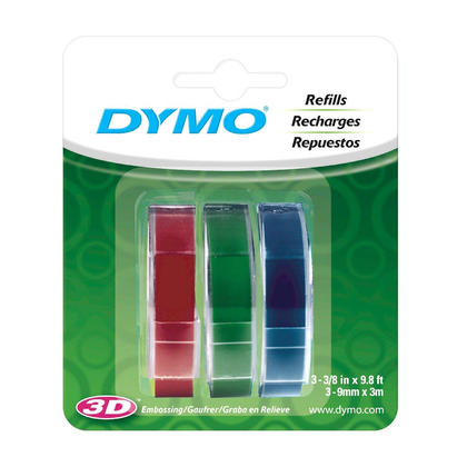 DYMO 3D Embossing Labels, 3/8" X 9 4/5", Assorted Glossy Colors, Pack of 3 Rolls