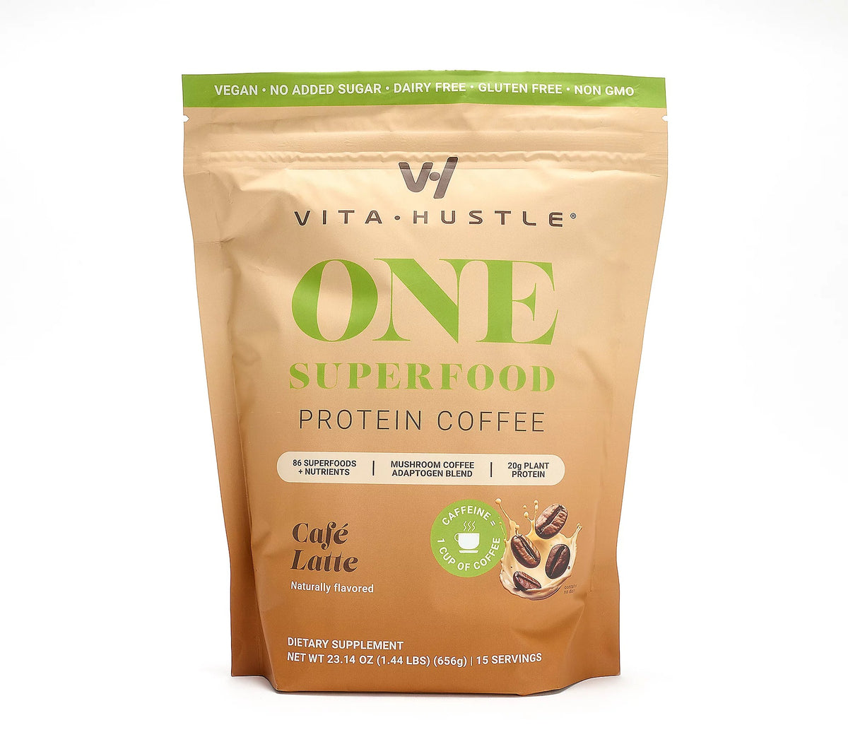 VitaHustle ONE Protein Coffee - Superfood Meal Replacement Powder, Plant Based Protein Shake Powder, Vegan. Superfoods, Vitamins, Ashwagandha, Functional Mushroom Blend (Cafe Latte) 15 Servings