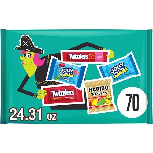 HARIBO, JOLLY RANCHER and TWIZZLERS Assorted Fruit Flavored, Halloween Candy Bag, 24.31 Oz (70 Pieces)