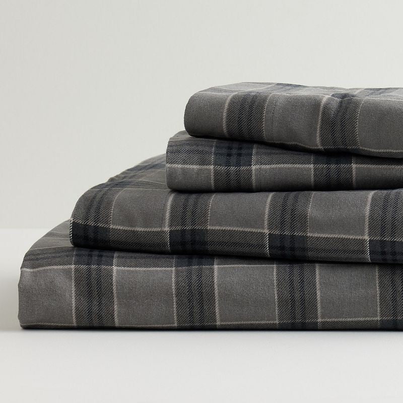 Cuddl Duds Heavyweight Cotton Flannel Sheet Set with Pillowcases, Grey Plaid