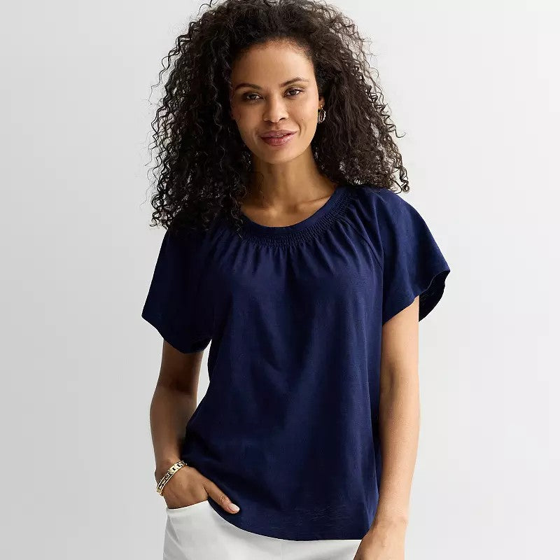 Women's Croft & Barrow® Smocked Short Sleeve Blouse,