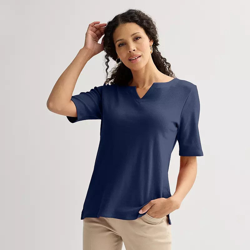 Women's Croft & Barrow® Elbow-Sleeve Splitneck Top, Dark Blue Medium
