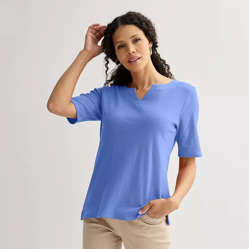 Women's Croft & Barrow Elbow-Sleeve Splitneck Top, Medium Blue