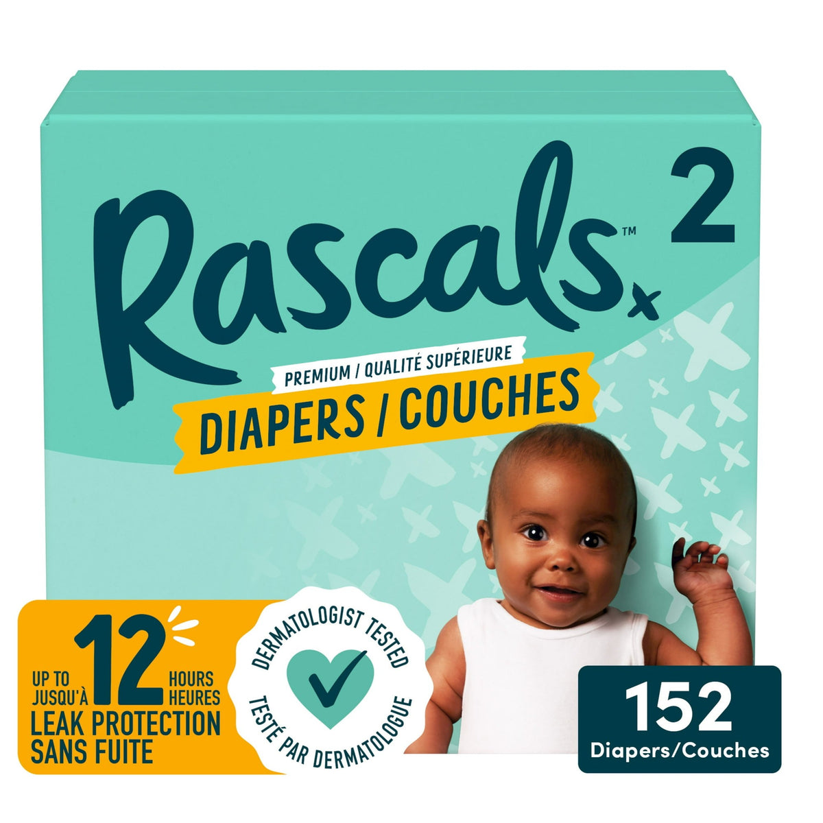 Rascals Premium Absorbent Baby Diapers, Size 2, Carton, 152 Count Size 2