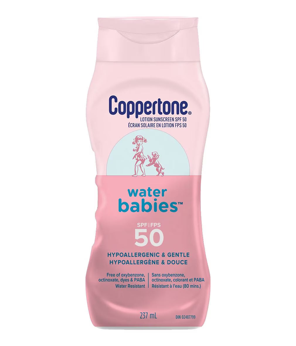 Coppertone Waterbabies Baby Sunscreen Lotion SPF 50, Gentle and Hypoallergenic Sunscreen for Babies, Water Resistant Sunscreen Baby Lotion, Octinoxate and Oxybenzone Free, 237mL