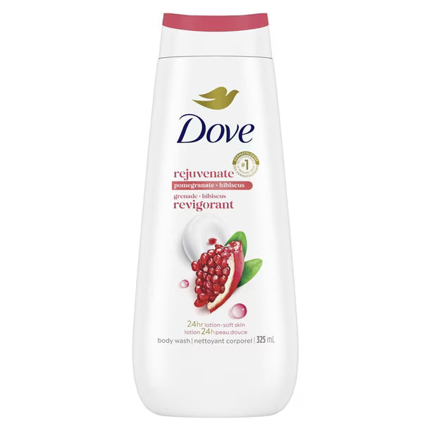 Dove Rejuvenate Body Wash or 24hr Lotion-Soft Skin, Pomegranate & Hibiscus gentle body cleanser nourishes and revives skin, 325mL