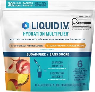 Liquid IV Sugar-Free Hydration Multiplier Drink Mix, 15x White Peach, 15x Mango Pineapple