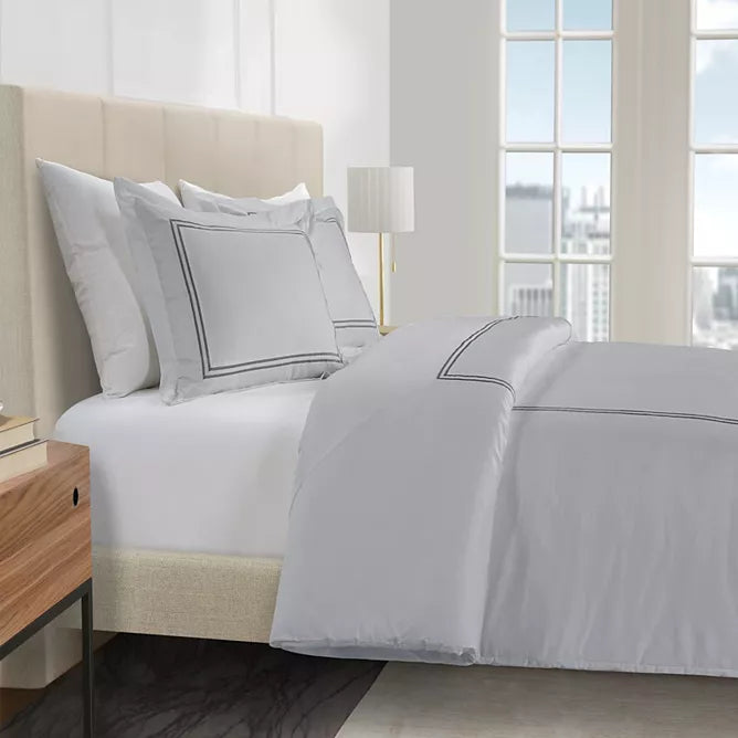 Hotelier Baratta Stitch Duvet Cover Set with Shams - White W Tan Emb