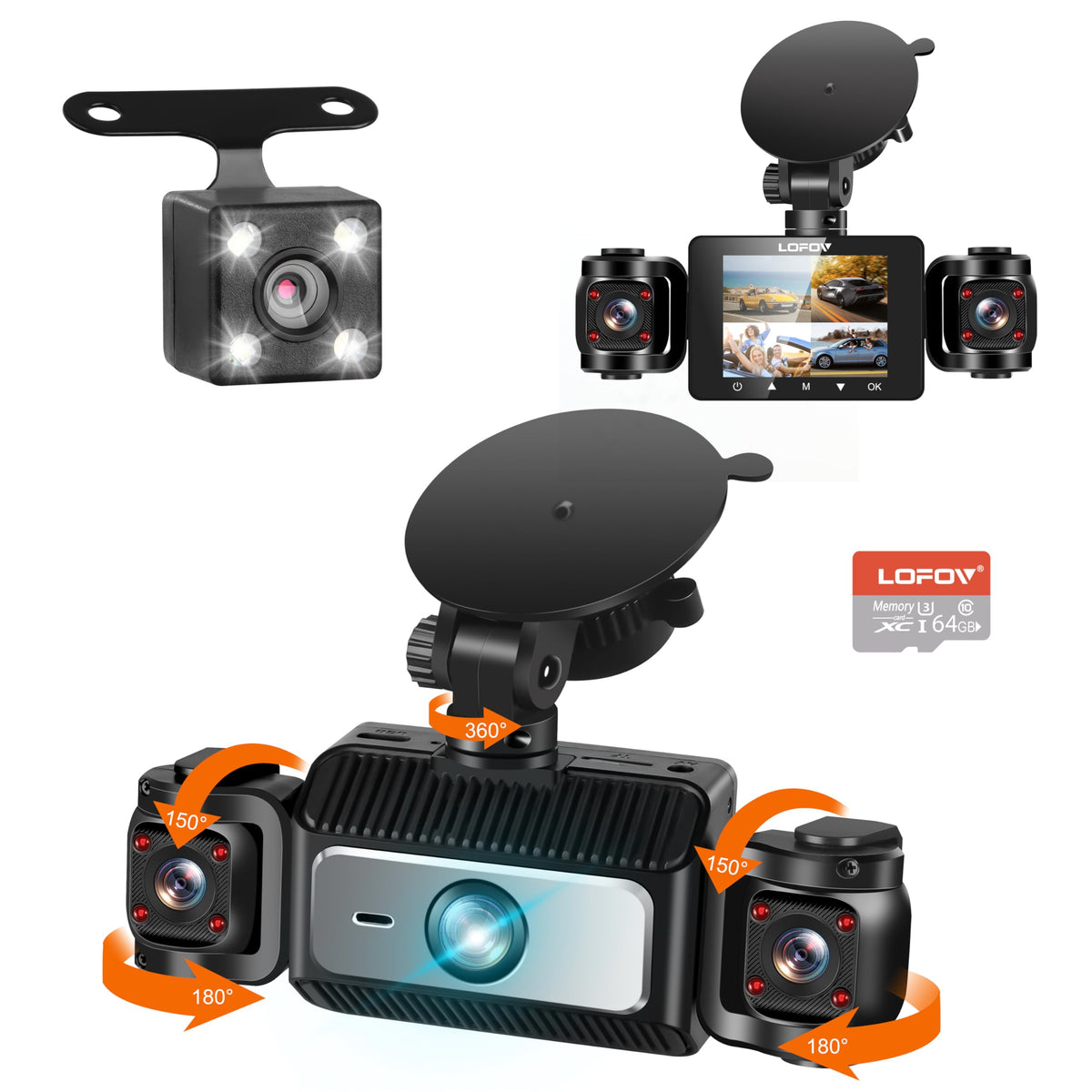 360° 4 Channel Dash Cam Front and Rear Inside,LOFOV FHD 1080P Front Left Right and Rear,Free 64GB SD Card,Multi-Ch Dash Camera for Cars,Black Box Trafflc Recorder,Night Vision,24H (2.54 inches)
