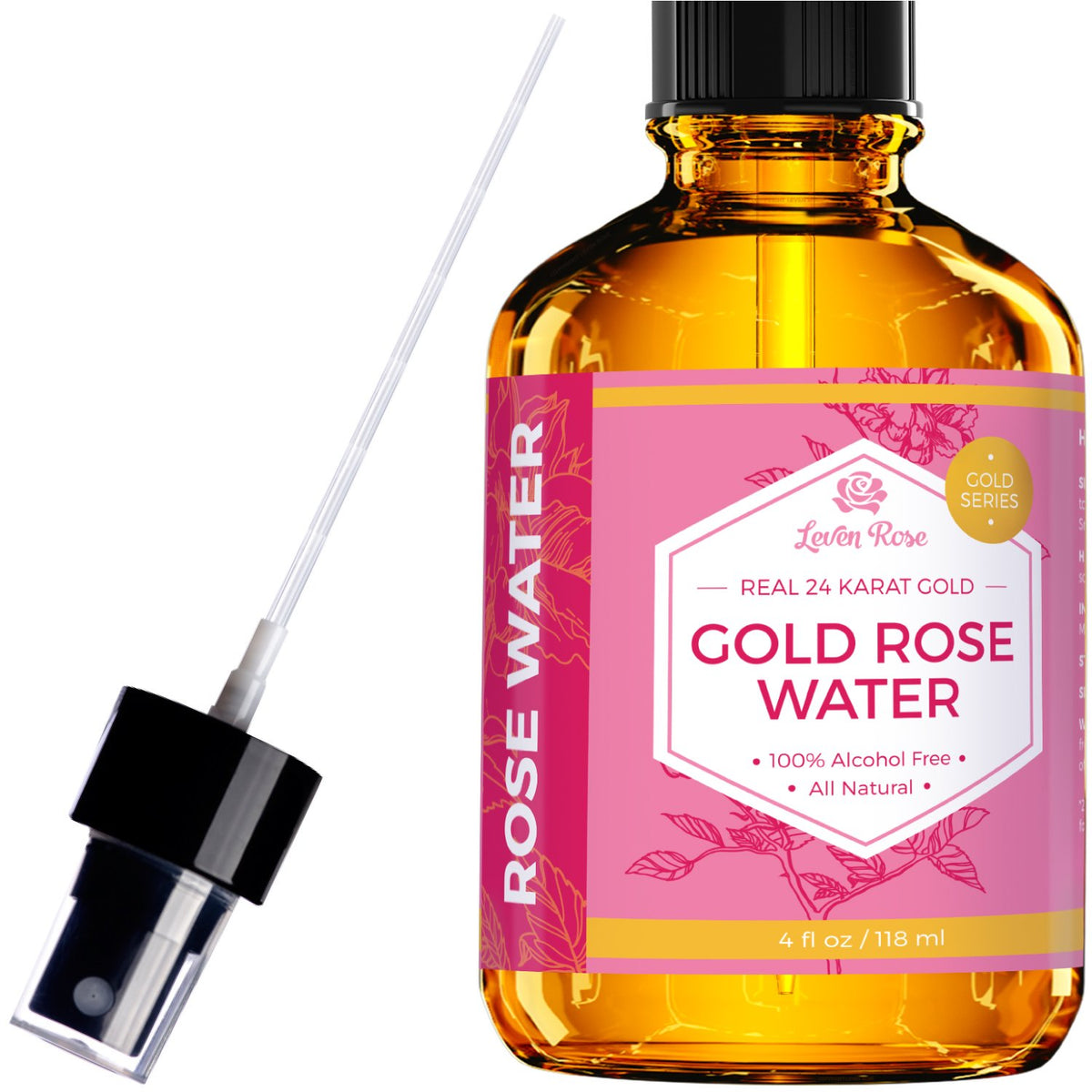 24K Gold Rose Water for Face by Leven Rose 100% Pure Organic Natural Moroccan Rosewater Face Spray 118 ml