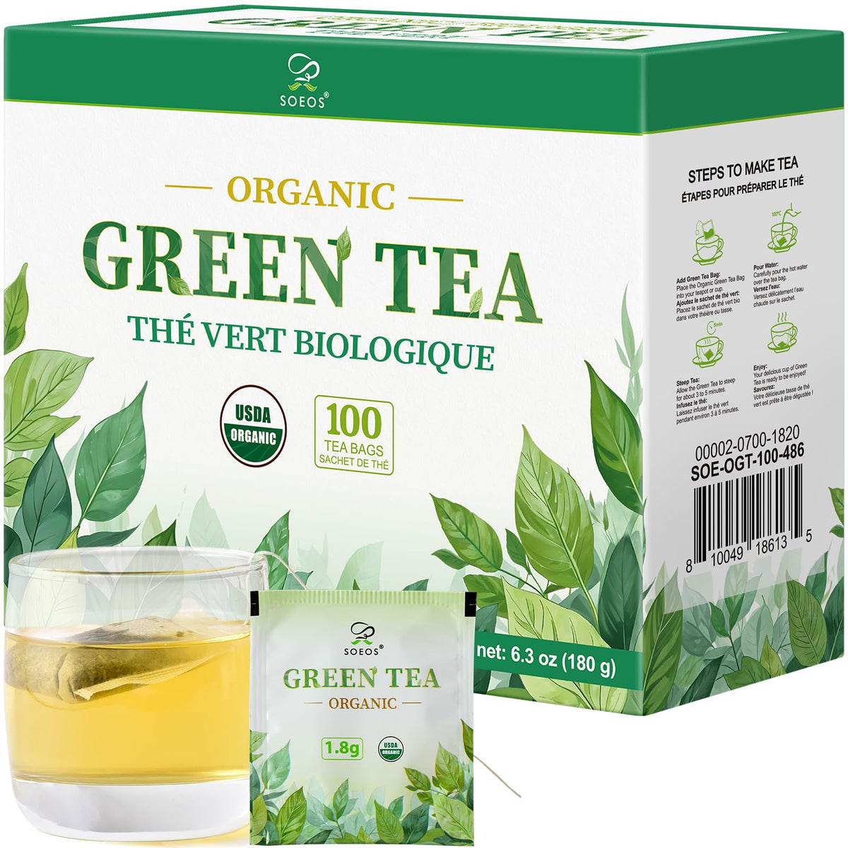 Soeos Organic Green Tea, 100 Tea Bags (Pack of 1)