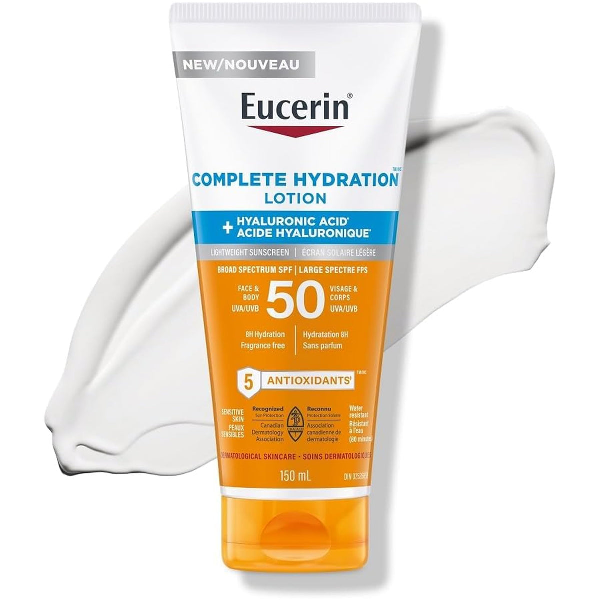 Eucerin Sun Complete Hydration Body & Face Sunscreen Lotion SPF 50 | Sunscreen SPF 50 with Hyaluronic Acid | Lightweight, Fragrance Free, Won’t Clog Pores | 150 ml Tube