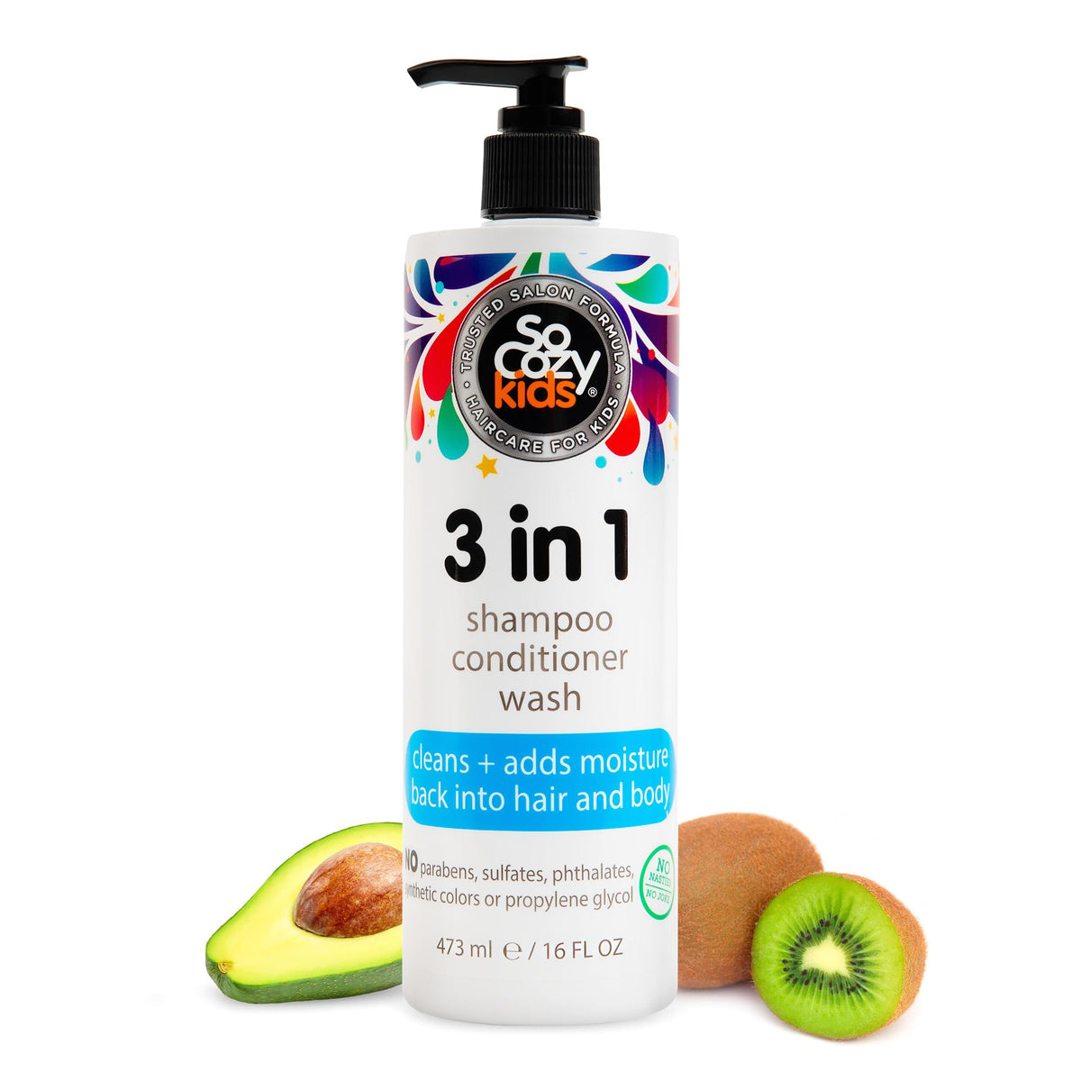 SoCozy Kids 3 in 1 Shampoo + Conditioner + Body Wash Hair and Body Cleanser 16 Fl Oz