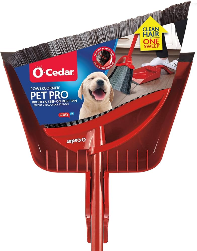 O-Cedar Pet Pro Broom & Step-On Dustpan PowerCorner, Red