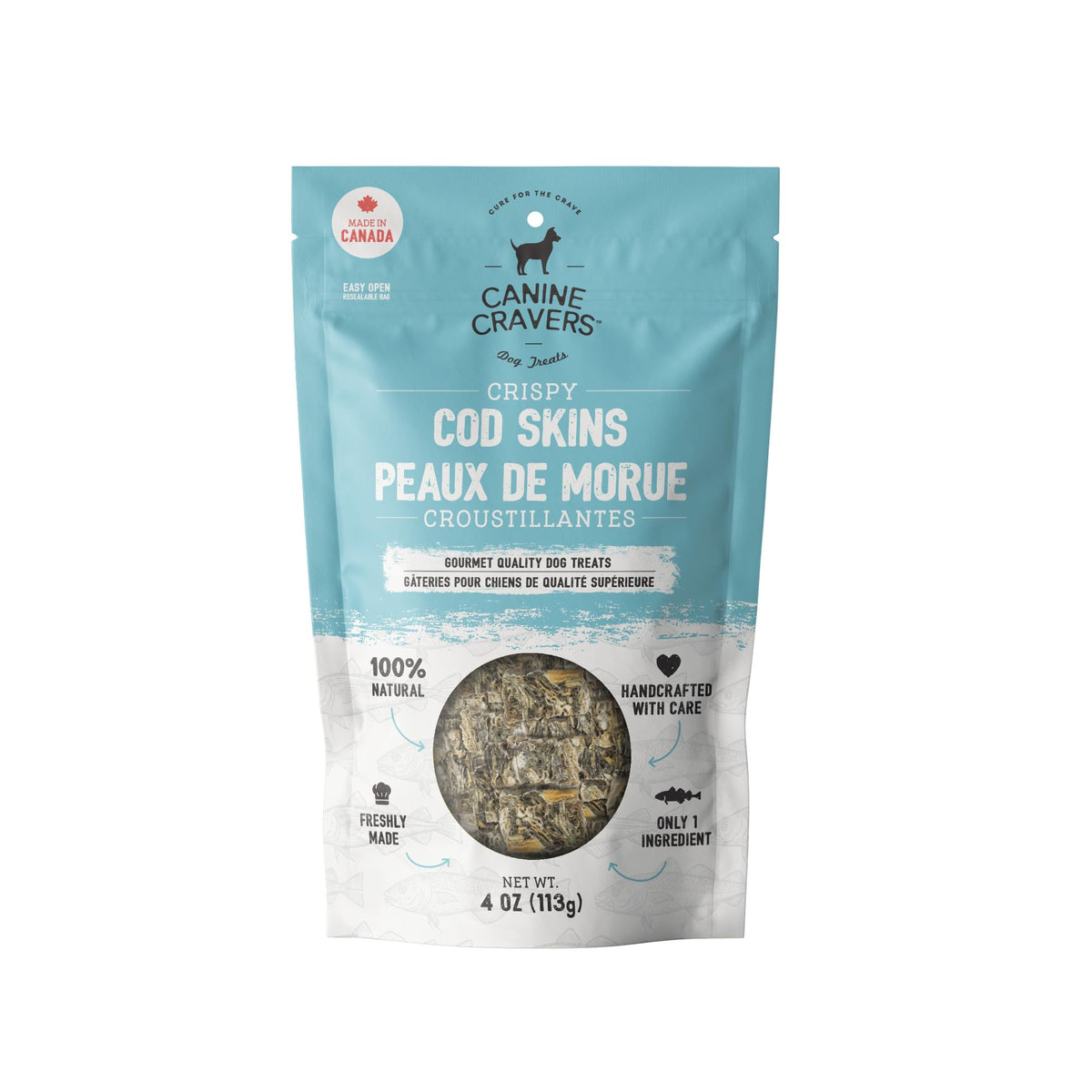 Canine Cravers Single Ingredient Dog Treats – Crispy Cod Skins - Human Grade Air Dried Hypoallergenic Pet Food – Grain Free – 100% All Natural – 4 oz Bag