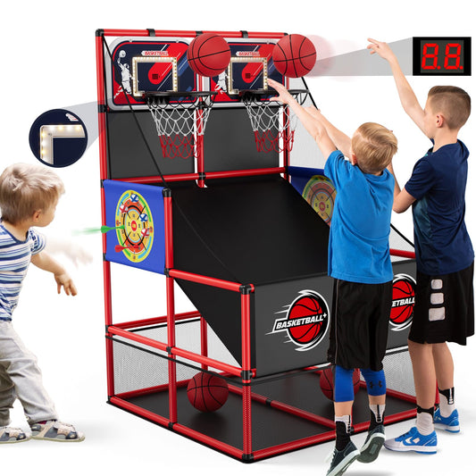 2 in 1 Dual Shot Basketball Arcade Game with 2 Dart Boards/Electronic Scoreboard/LED Light, Kids Basketball Hoop for Home Indoor Outdoor, Sport Toys Gifts for Boys Girls Ages 3-12 Years Old