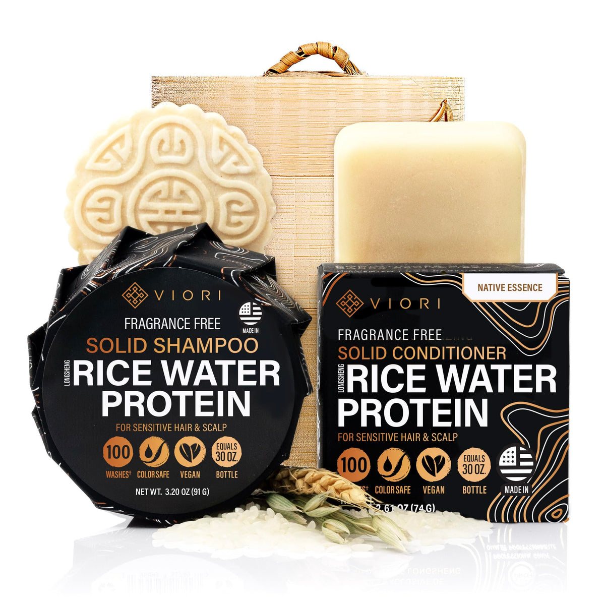 VIORI Native Essence Shampoo Bar, Conditioner Bar, and Bamboo Holder Set (Includes Bamboo) - Handcrafted with Longsheng Rice Water & Natural Ingredients - Sulfate-free, Paraben-free, 100% Vegan