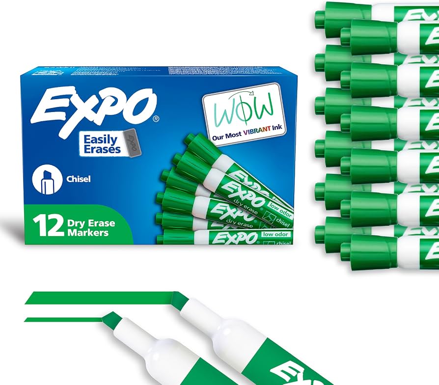 EXPO Low-Odor Dry-Erase Marker, Chisel Point, Green, Pack of 12