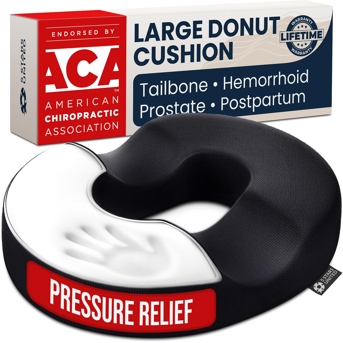 5 STARS UNITED Donut Pillow Hemorrhoid Tailbone Seat Cushion – Gel Memory Foam - Large Black Lifting Cushion Pain Relief for Coccyx, Prostate, Sciatica, Pelvic Floor, Pressure Sores, Pregnancy