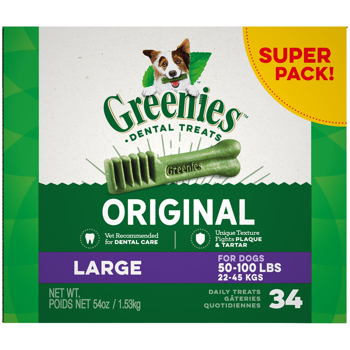 Greenies Original Flavor Adult Natural Dental Dog Treats Large Size 54 Oz Pack (34 Count)