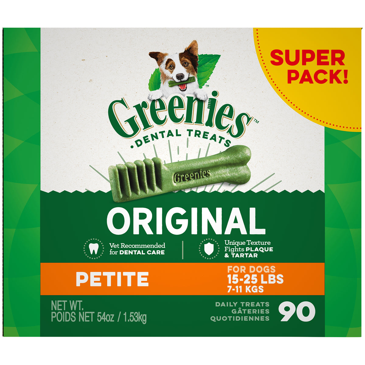 Greenies Original Flavor Adult Natural Dental Dog Treats Petite Size 54 Oz Pack (90 Count)