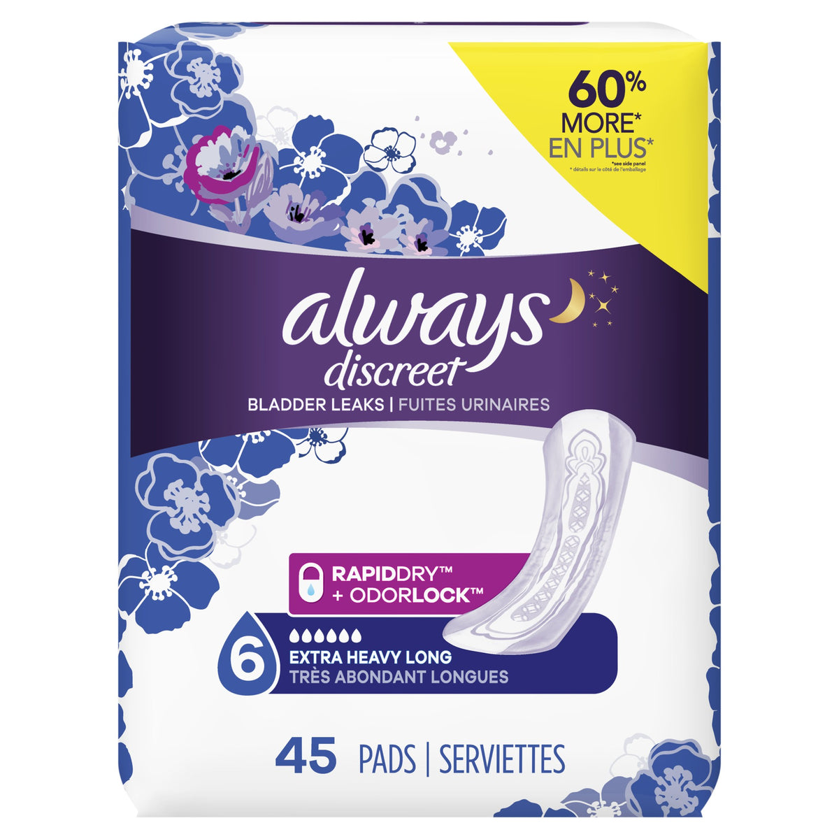 Always Discreet Adult Incontinence Pads for Women, 45ct