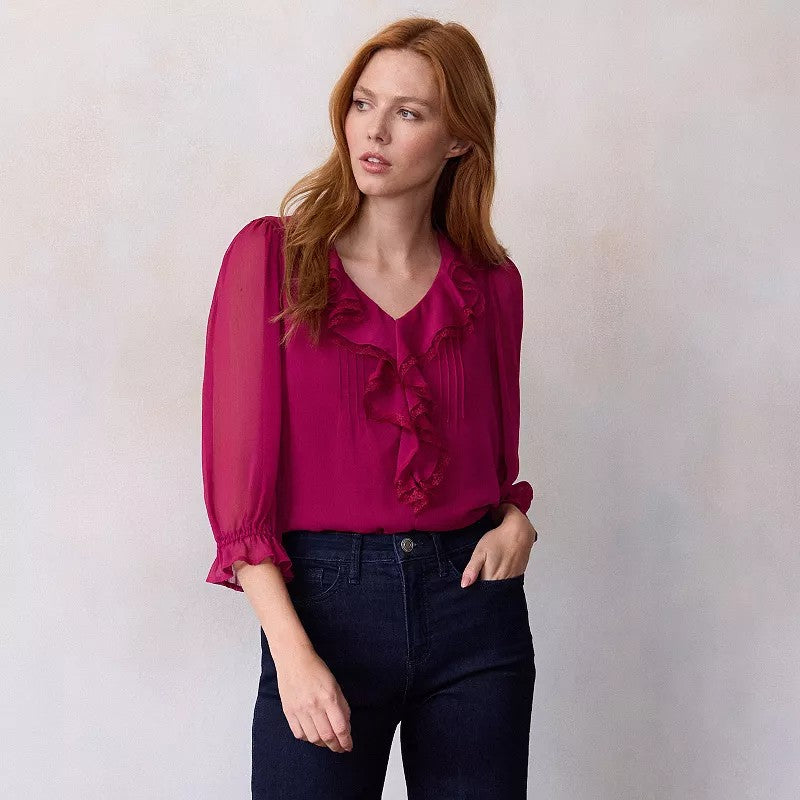 Women's LC Lauren Conrad 3/4 Sleeve Ruffle Front Blouse with Tucks