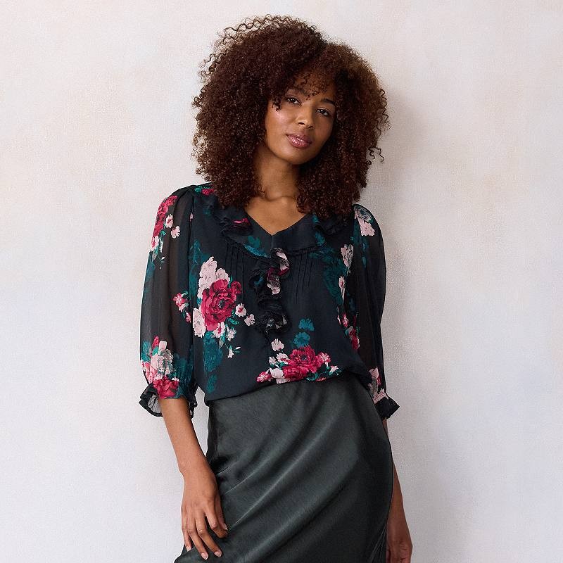Women's LC Lauren Conrad 3/4 Sleeve Ruffle Front Blouse with Tucks