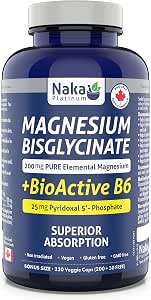 Naka Platinum Magnesium Bisglycinate Complex, 200mg PURE Elemental Magnesium each capsule, Superior Absorption, Made in Canada (300 vcaps (Pack of 1))