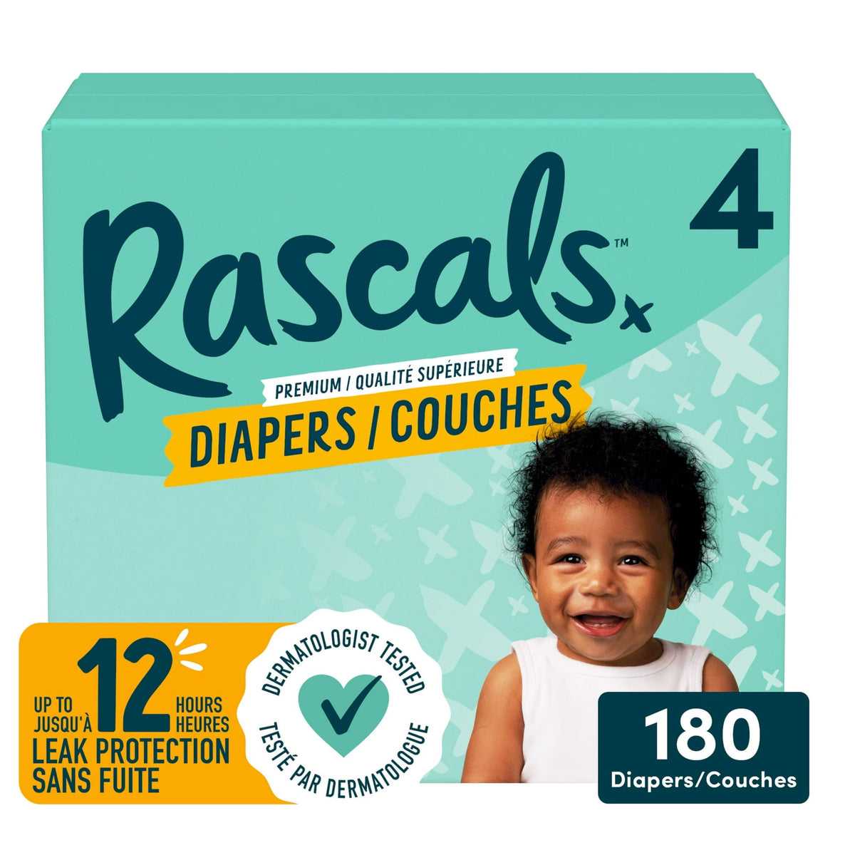 Rascals Premium Absorbent Baby Diapers, Size 4, Mega Carton, 180 Count