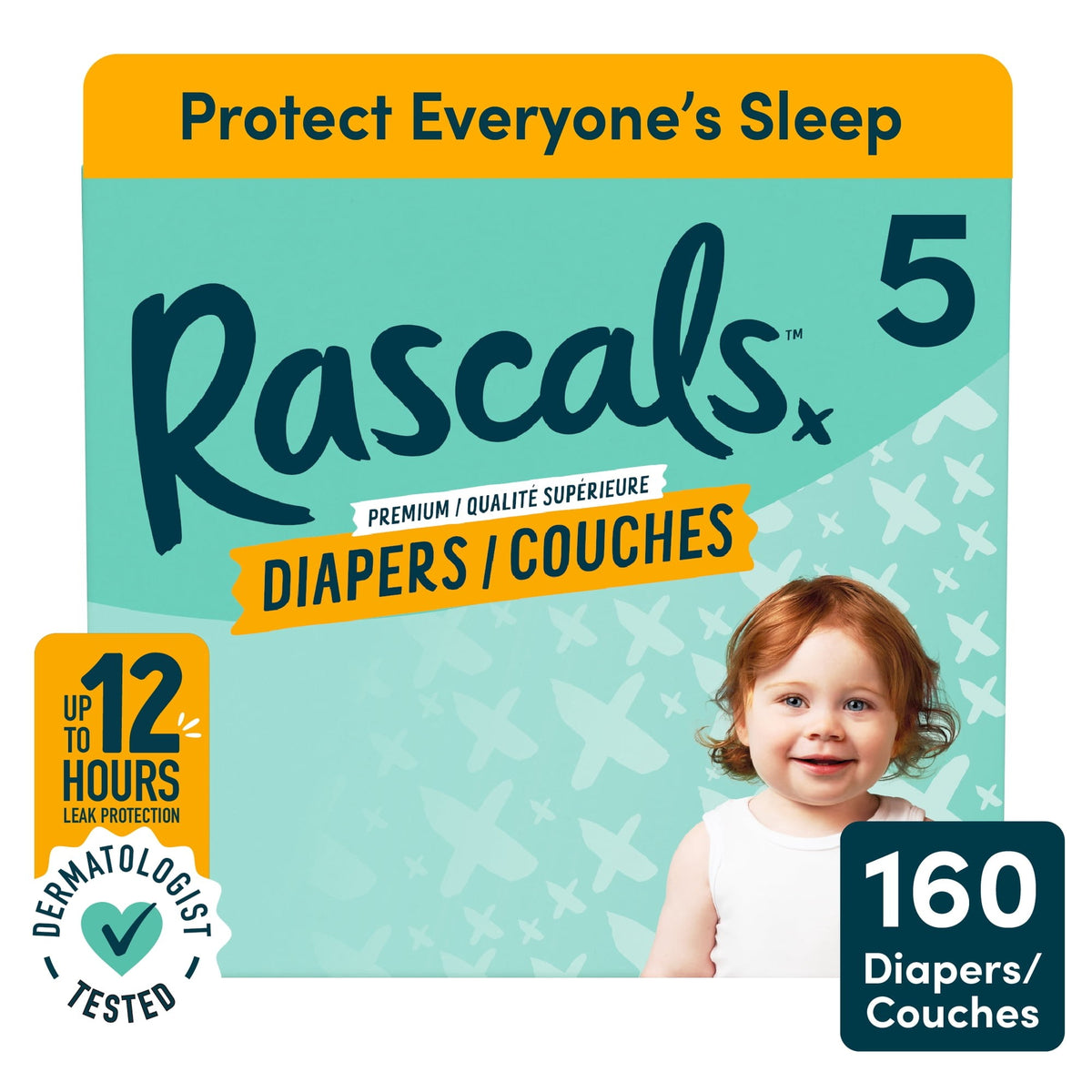Rascals Premium Absorbent Baby Diapers, Size 5, Mega Carton, 160 Count