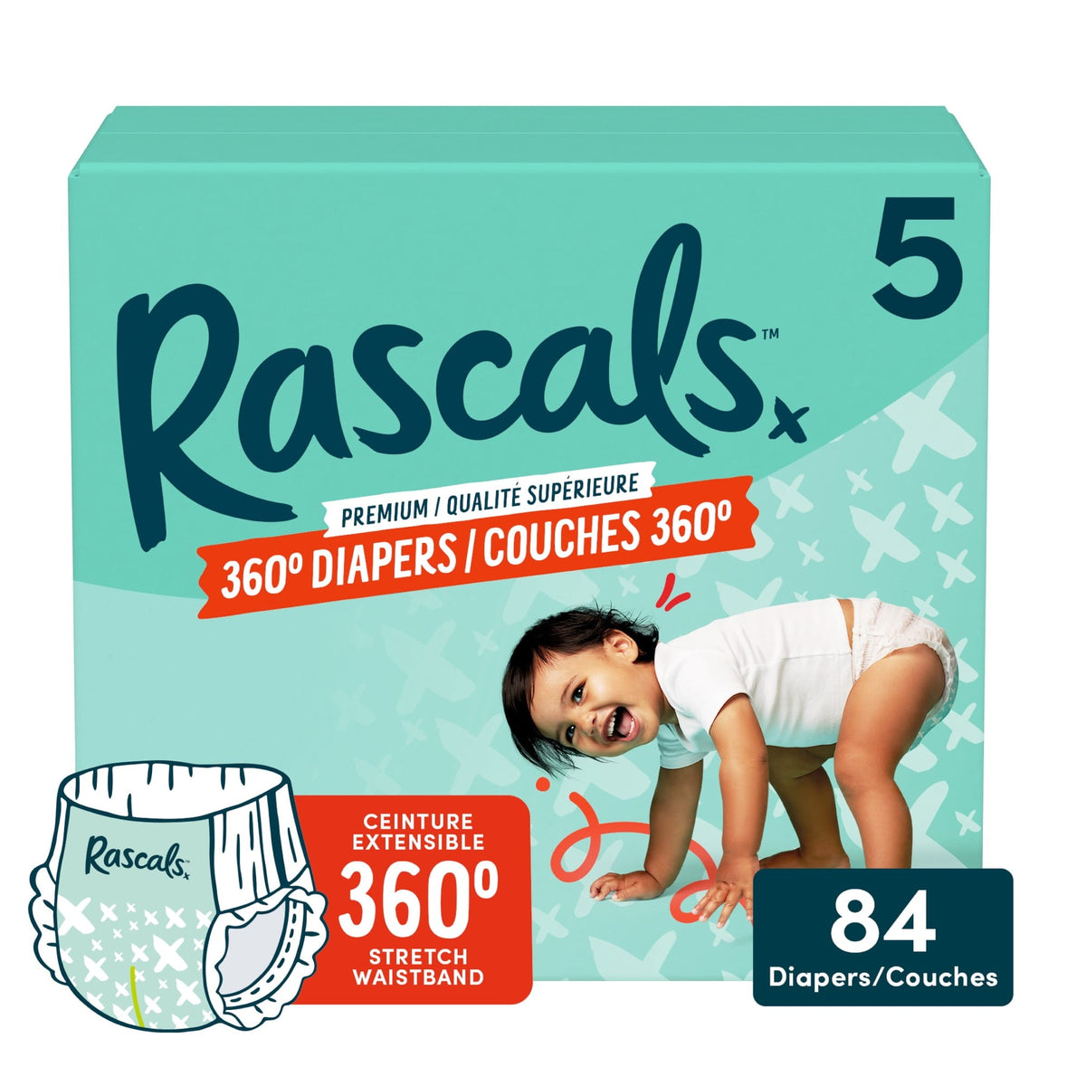 Rascals Premium 360 Diapers, Size 5, 84 Count