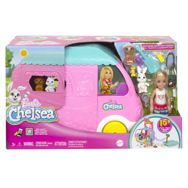 Barbie Camper, Chelsea 2-in-1 Playset with Small Doll, 2 Pets & 15 Accessories, Vehicle Transforms into Camp Site