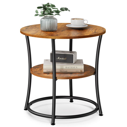 "VASAGLE Side Table, 2-Tier Round End Table, Nightstand with Steel Frame for Small Spaces, Living Room, Bedroom, Rustic Brown and Ink Black "