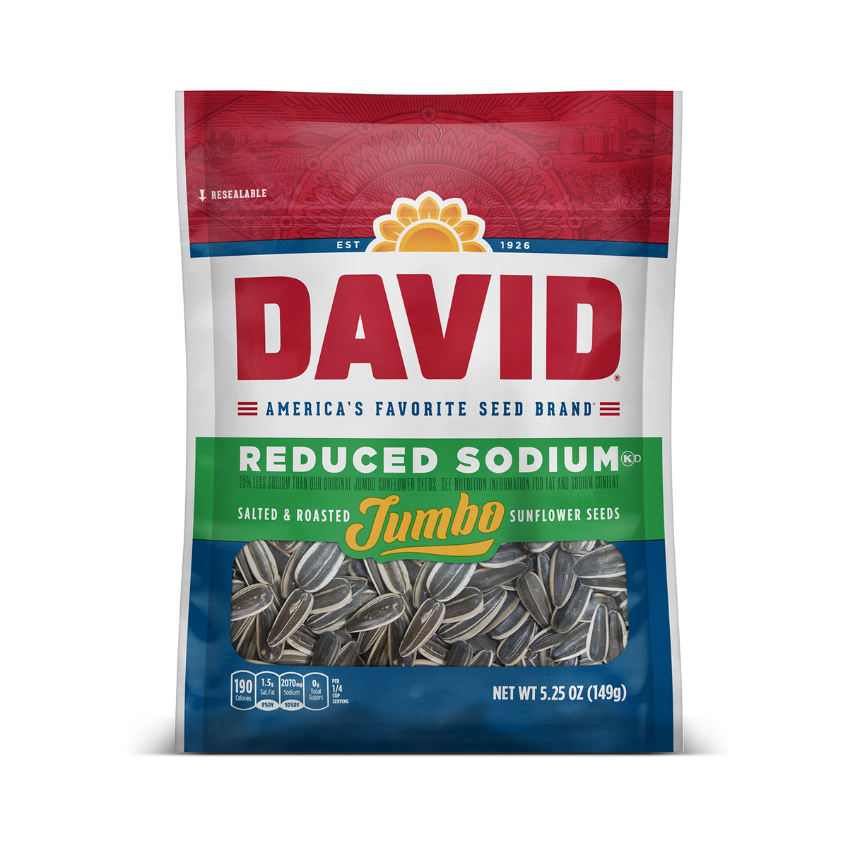 DAVID Seeds Reduced Sodium Salted and Roasted Jumbo Sunflower Seeds Keto Friendly Snack 5.25 Oz