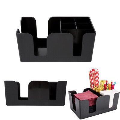 1 Pack 6-Compartment Bar Caddy Napkin & Straw Holder Organizer, Premium Black Plastic Bar Caddy Organizer for Napkins, Straws, Condiments, Stylish Bar Caddy for Home, Office, Kitchen, and Bars
