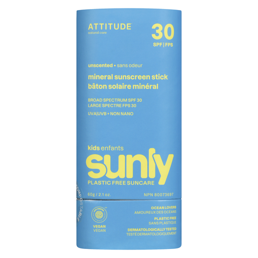 Attitude, Sunly Mineral Sunscreen Stick for Kids SPF 30 Unscented, 2.1 Oz